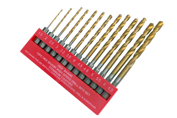 13 pcs. HSS-TIN twist drill bits set with 1/4" hexagonal shank