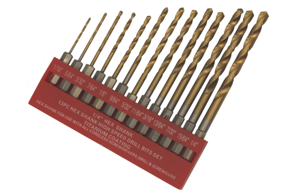 13 pcs. HSS-TIN twist drill set with 1/4" hexagonal shank Ø 1/16"-1/4"